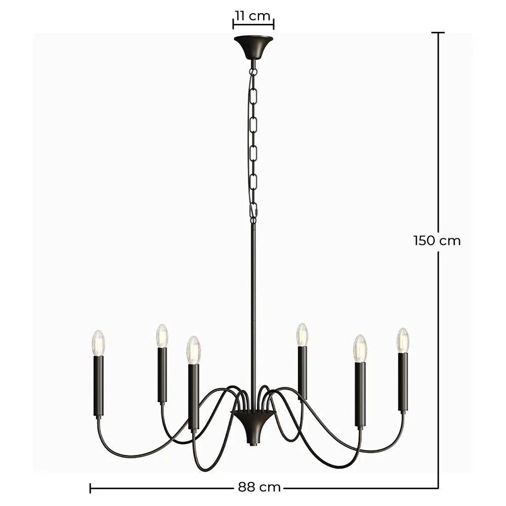 Lampada a Sospensione in Metallo Stile Lampadario Nero Opaco – 6 Bracci - Lumella image 10
