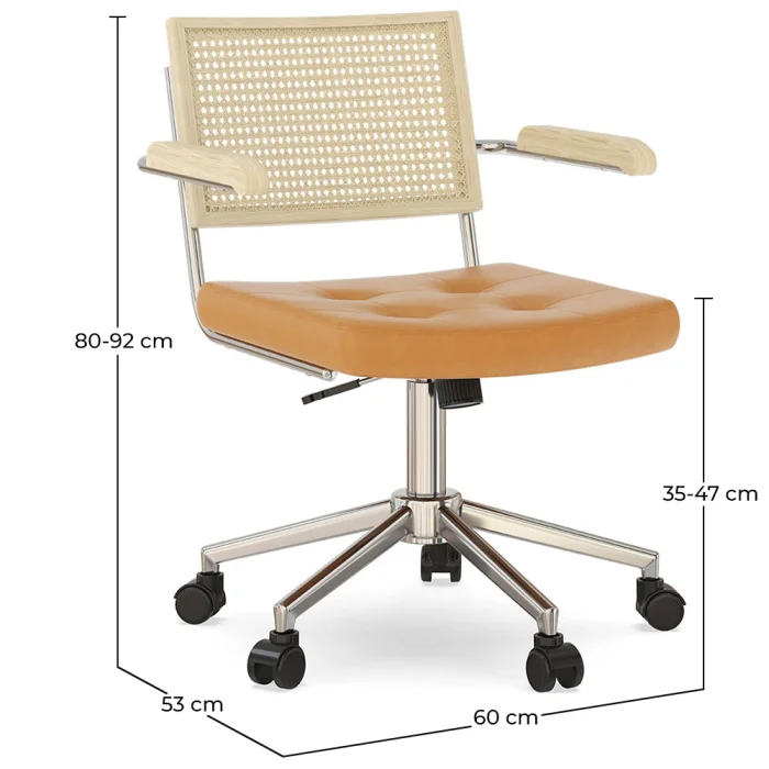 PWOCAN Sedia da scrivania Moderna in Rattan della metà del secolo con Ruote, Poltrona Girevole Vintage for la Camera da Letto dell'home Office, Sedia in Pelle con Schienale Medio (Colore : Marrone