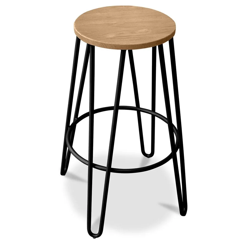 Sgabello rotondo - Design industriale - Legno e metallo - 66cm - Hairpin image 8