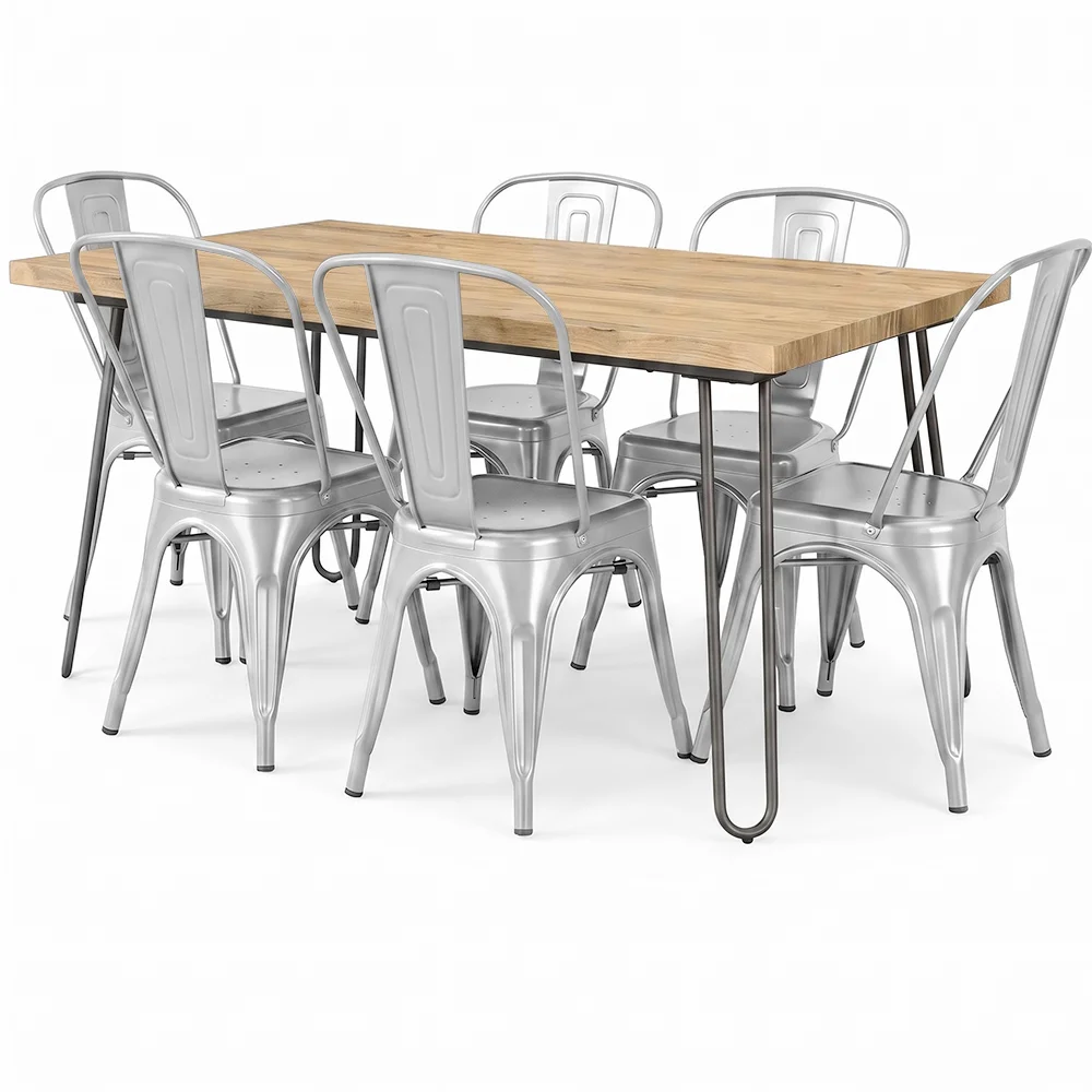 Pack Tavolo da pranzo - Design industriale 150cm + Confezione di 6 sedie da pranzo - Design industriale - Hairpin Stylix image 8