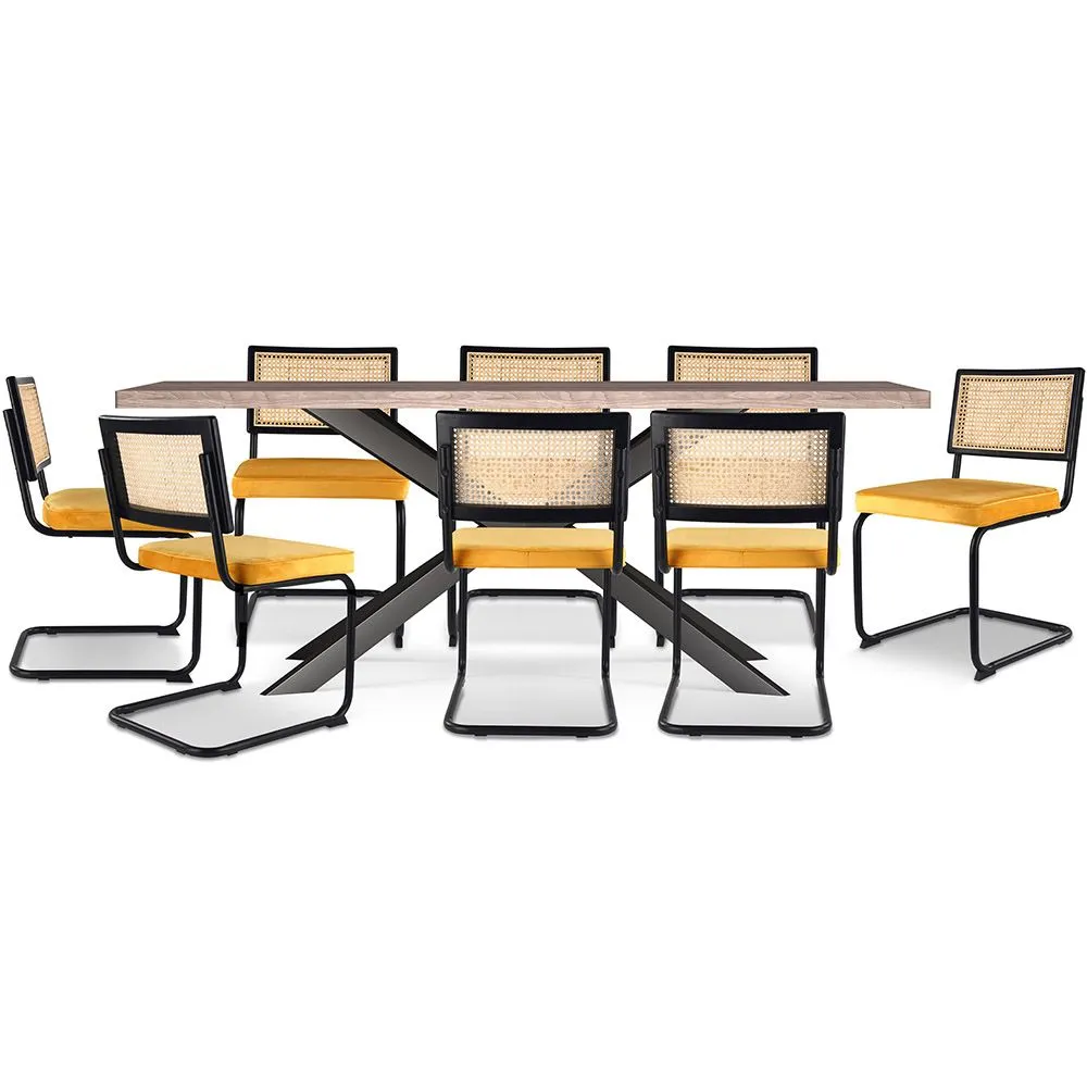 Confezione Tavolo da pranzo di design industriale in legno (200 cm) e 8 sedie da pranzo in rattan - rivestite in velluto - Puila image 8