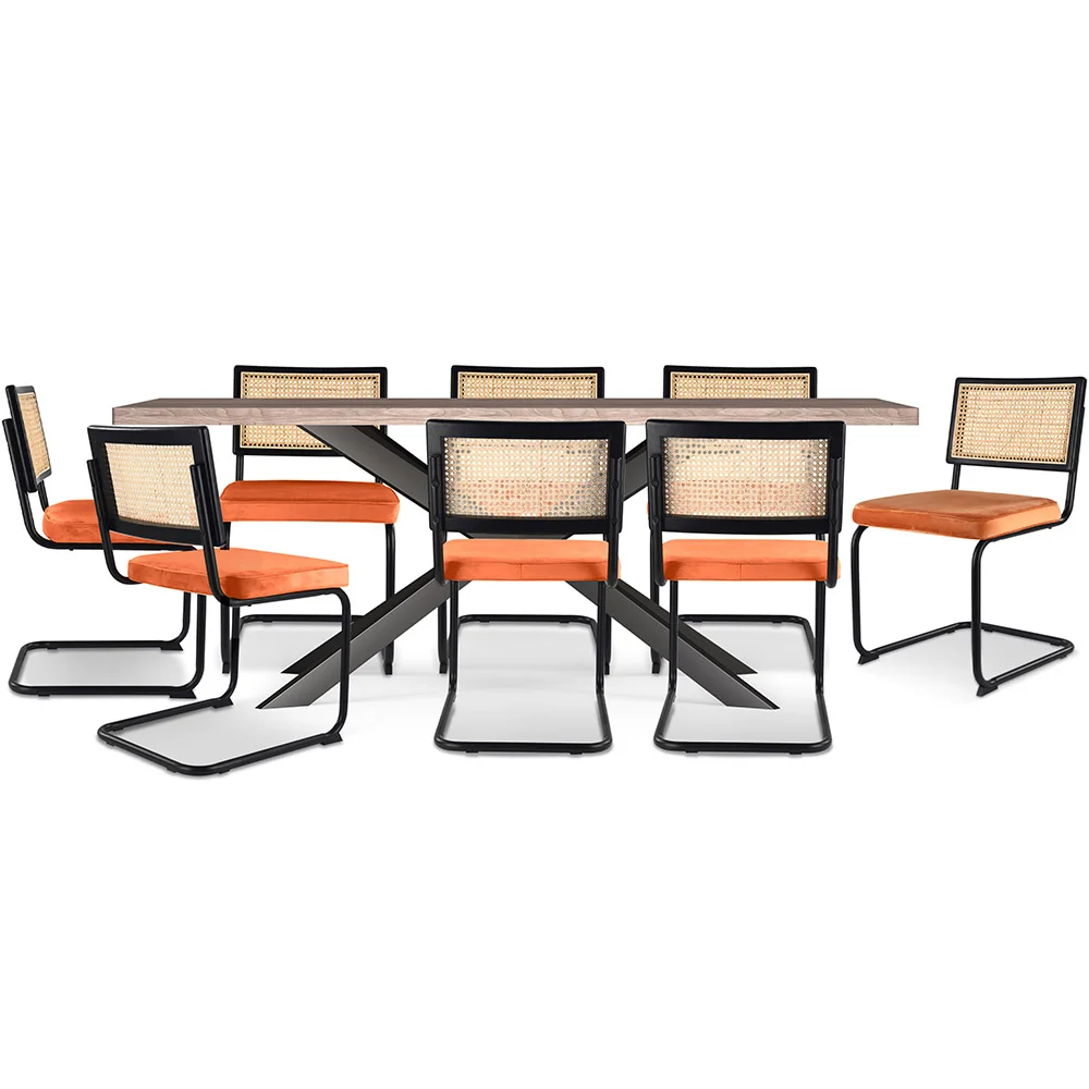 Confezione Tavolo da pranzo di design industriale in legno (200 cm) e 8 sedie da pranzo in rattan - rivestite in velluto - Puila image 8