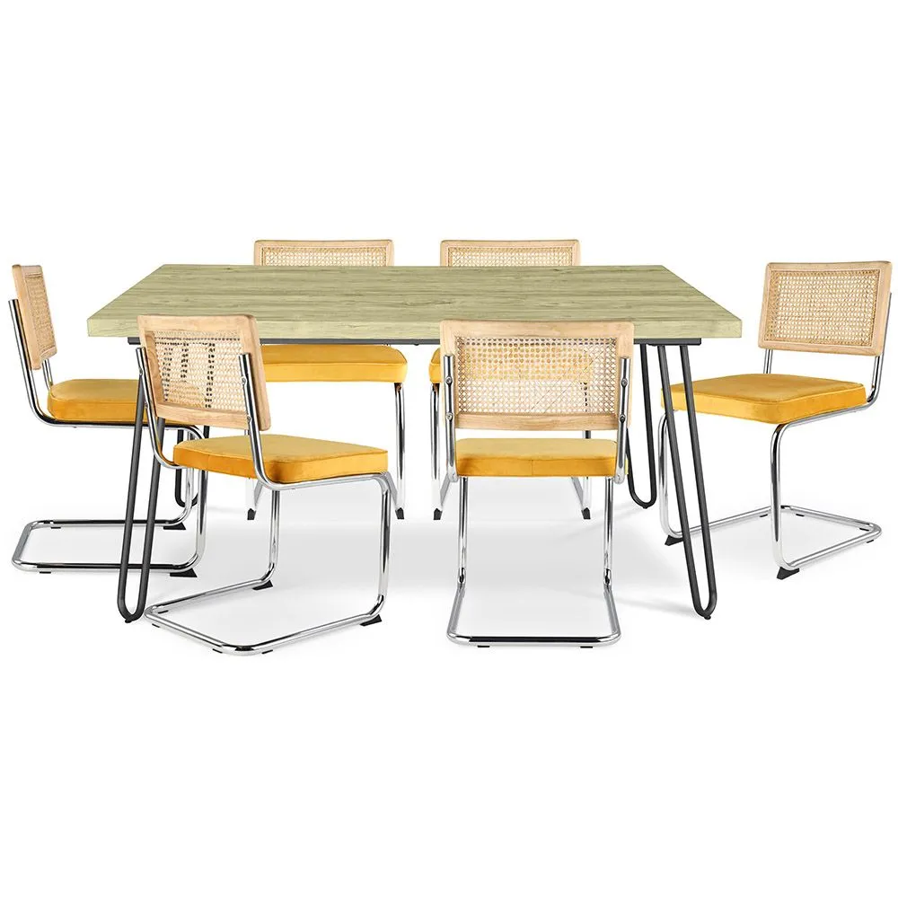 Confezione Tavolo da pranzo di design industriale 150cm e 6 sedie da pranzo in rattan - Rivestimento in velluto - Martha image 8