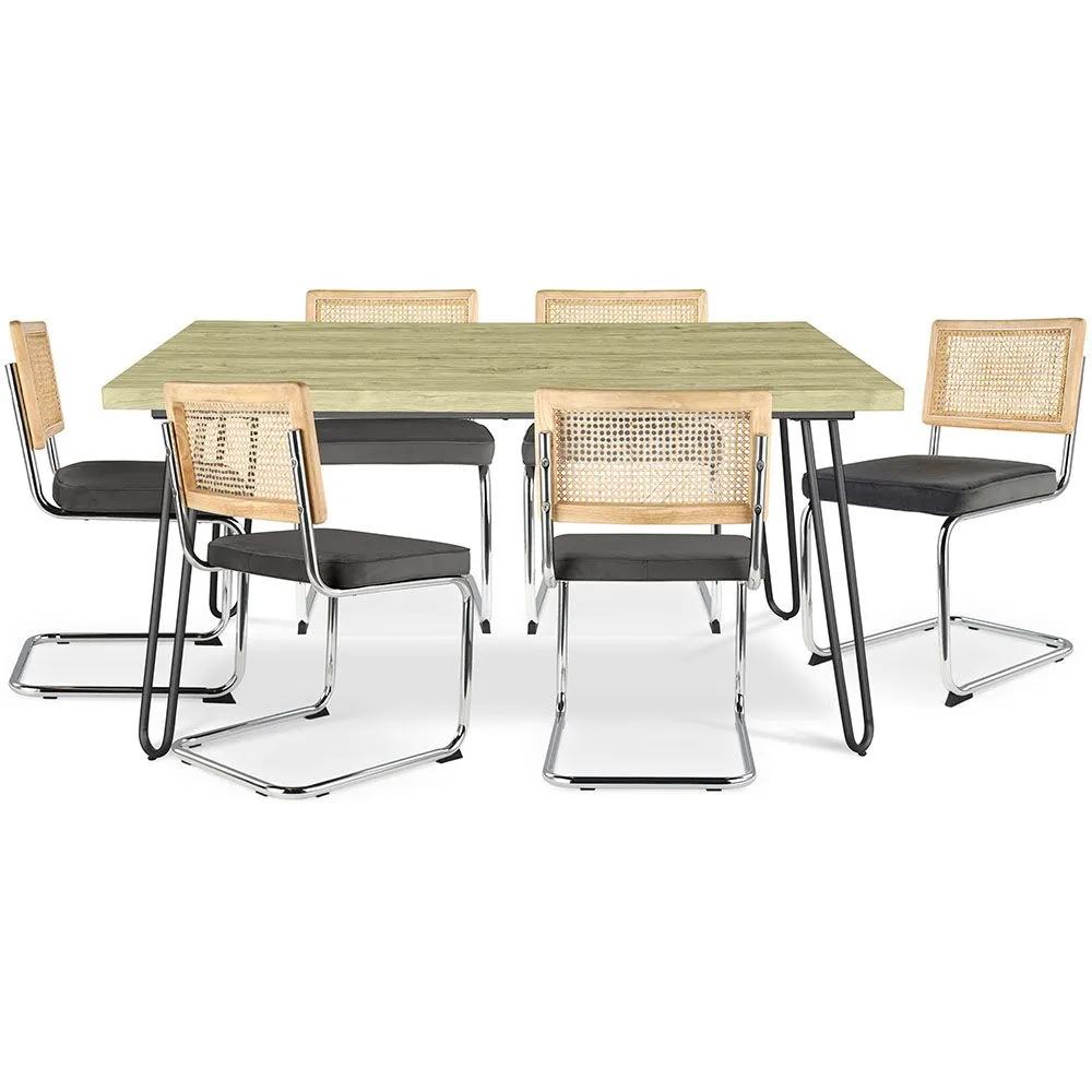 Confezione Tavolo da pranzo di design industriale 150cm e 6 sedie da pranzo in rattan - Rivestimento in velluto - Martha image 8