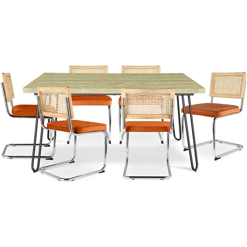 Confezione Tavolo da pranzo di design industriale 150cm e 6 sedie da pranzo in rattan - Rivestimento in velluto - Martha image 8