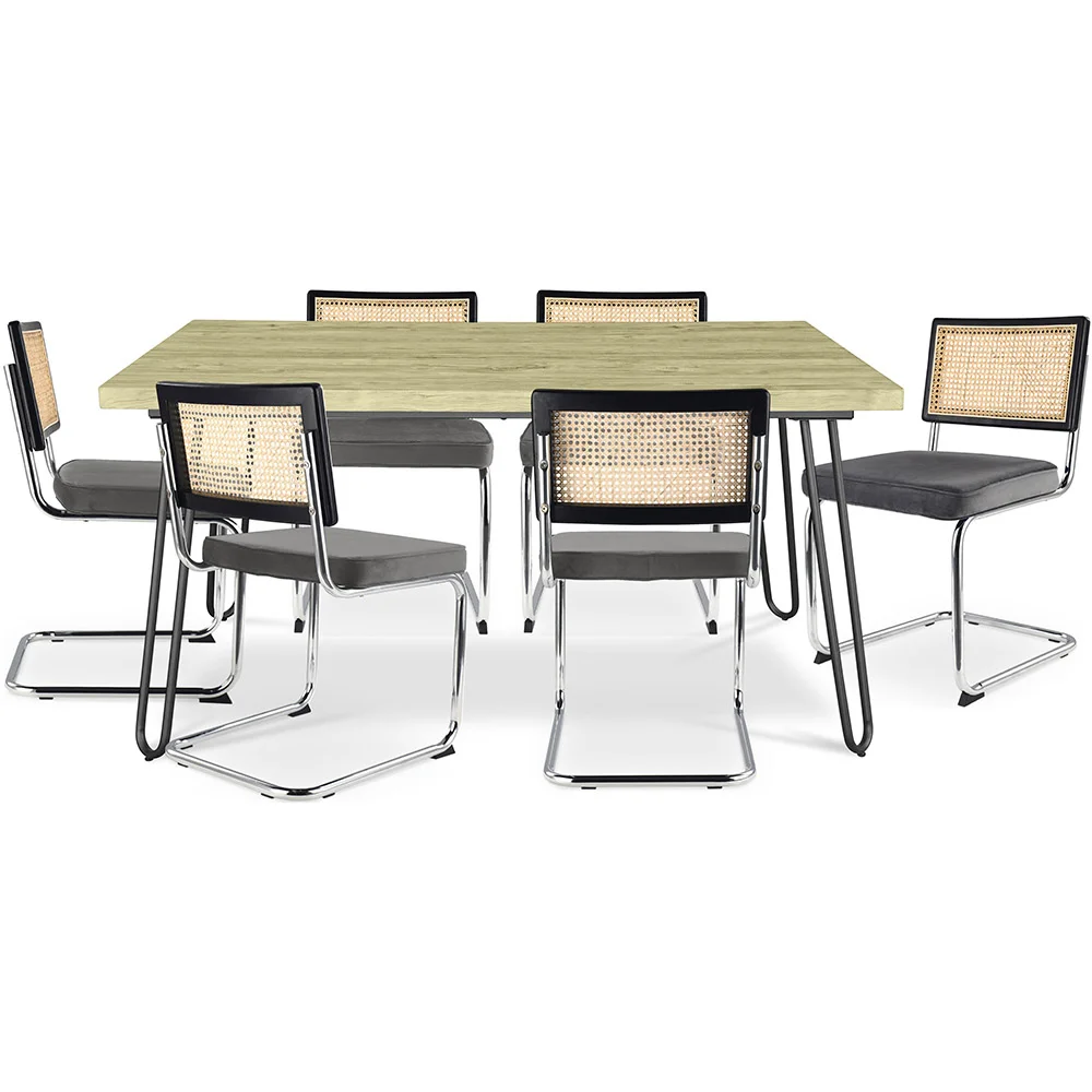 Pack Tavolo da pranzo di design industriale 150cm e 6 sedie da pranzo in rattan - Rivestimento in velluto - Hyre image 8