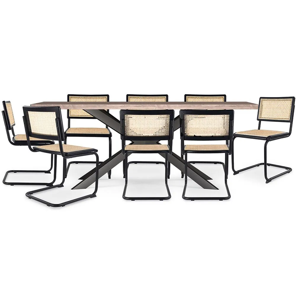 Confezione Tavolo da pranzo in legno di design industriale (200 cm) e 8 sedie da pranzo in rattan - Bastral image 8
