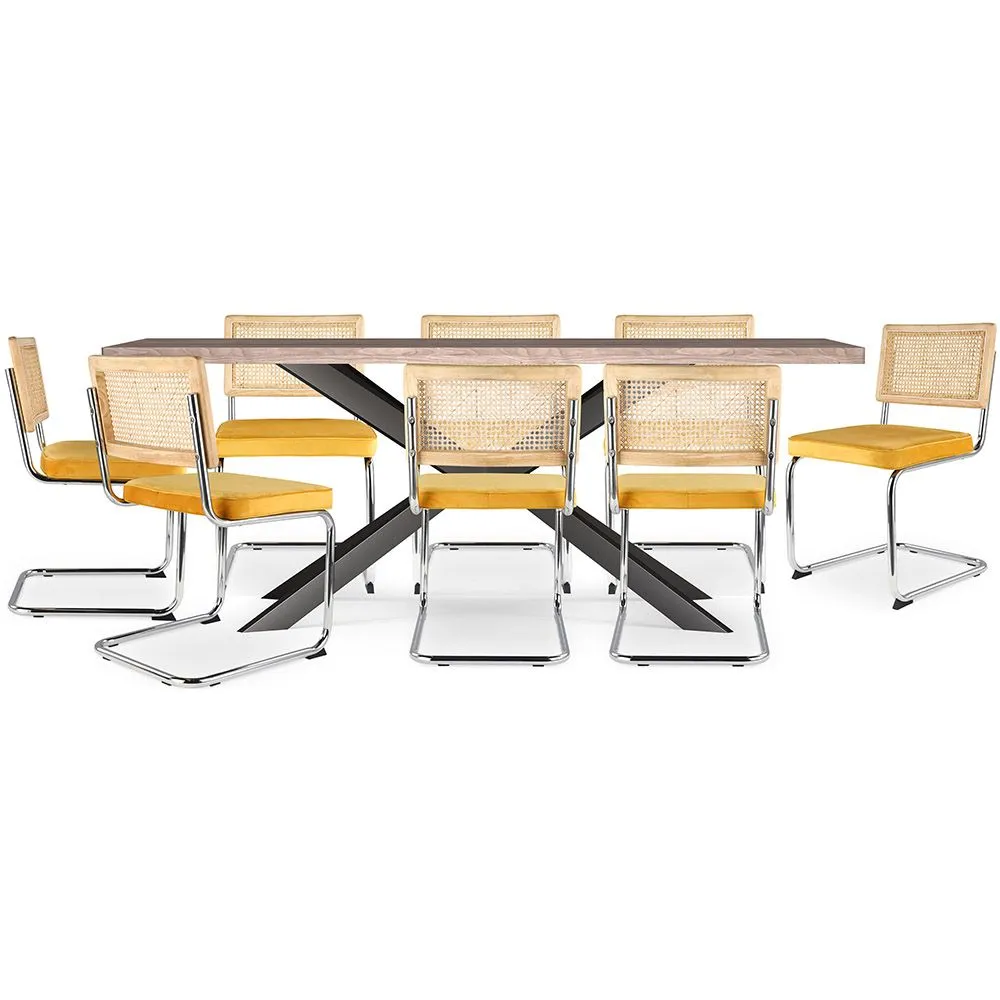 Confezione Tavolo da pranzo in legno di design industriale (200 cm) e 8 sedie in rattan - Rivestito in velluto - Martha image 8