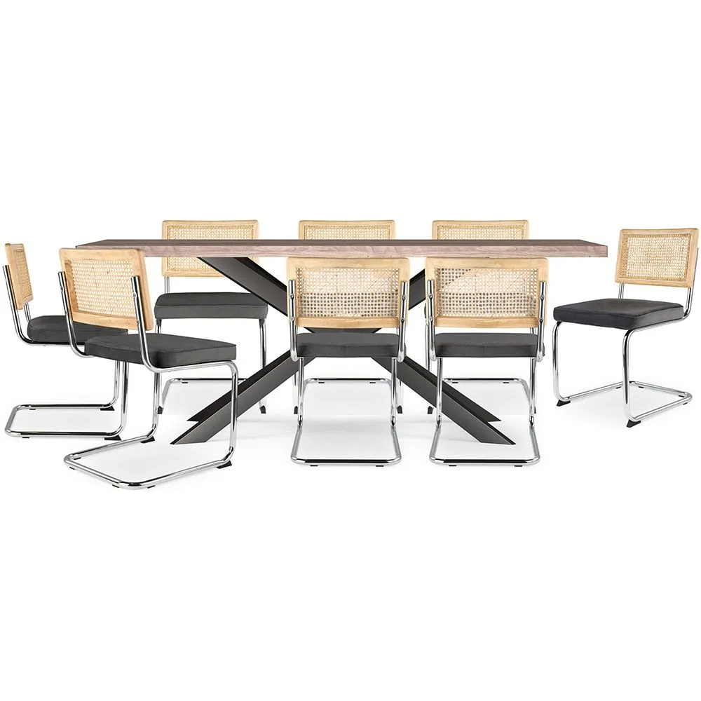 Confezione Tavolo da pranzo in legno di design industriale (200 cm) e 8 sedie in rattan - Rivestito in velluto - Martha image 8