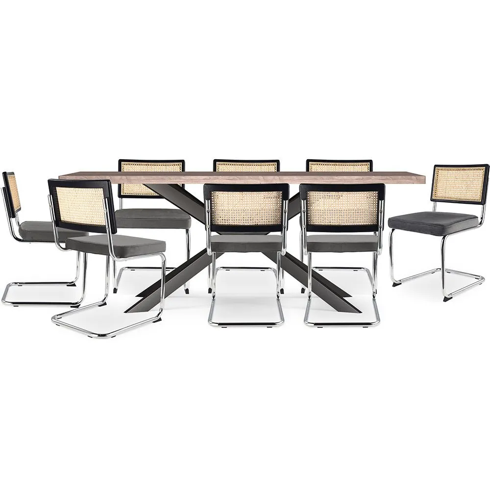 Confezione Tavolo da pranzo in legno di design industriale (200 cm) e 8 sedie da pranzo in rattan - Rivestimento in velluto - Hyre image 8