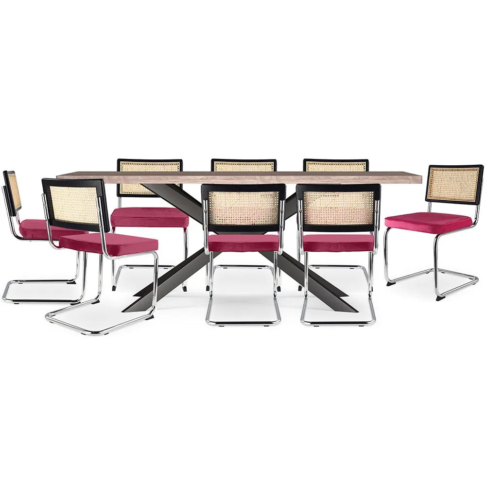 Confezione Tavolo da pranzo in legno di design industriale (200 cm) e 8 sedie da pranzo in rattan - Rivestimento in velluto - Hyre image 8