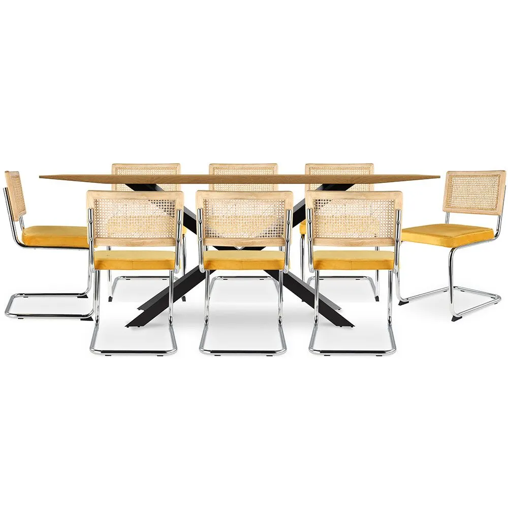 Confezione Tavolo da pranzo in legno di design industriale (220 cm) e 8 sedie da pranzo in rattan - Rivestimento in velluto - Martha image 8