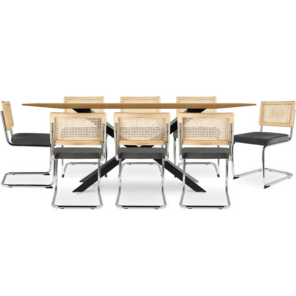 Confezione Tavolo da pranzo in legno di design industriale (220 cm) e 8 sedie da pranzo in rattan - Rivestimento in velluto - Martha image 8