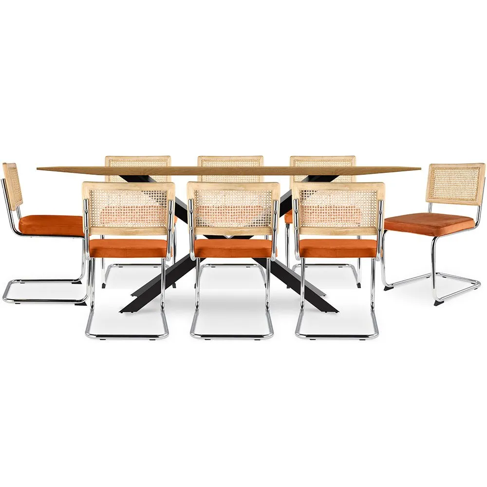Confezione Tavolo da pranzo in legno di design industriale (220 cm) e 8 sedie da pranzo in rattan - Rivestimento in velluto - Martha image 8