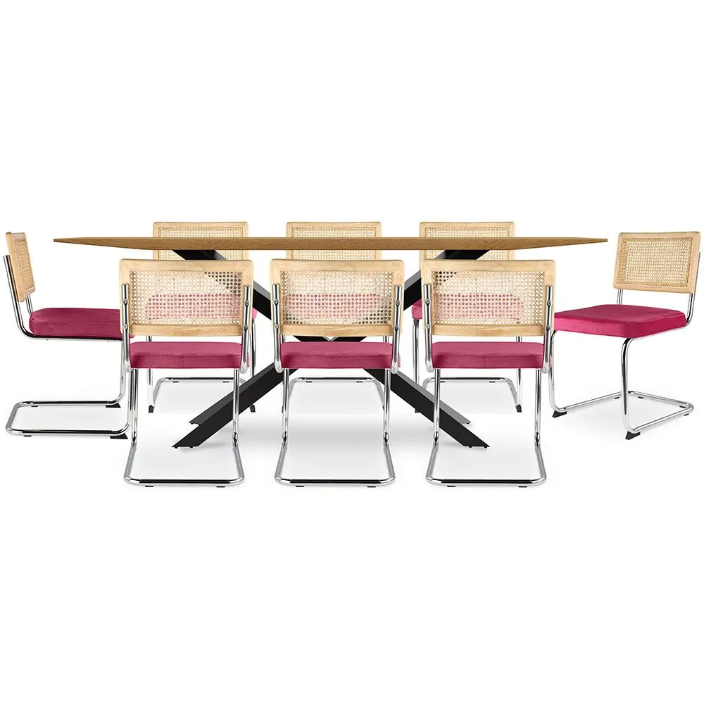Confezione Tavolo da pranzo in legno di design industriale (220 cm) e 8 sedie da pranzo in rattan - Rivestimento in velluto - Martha image 8