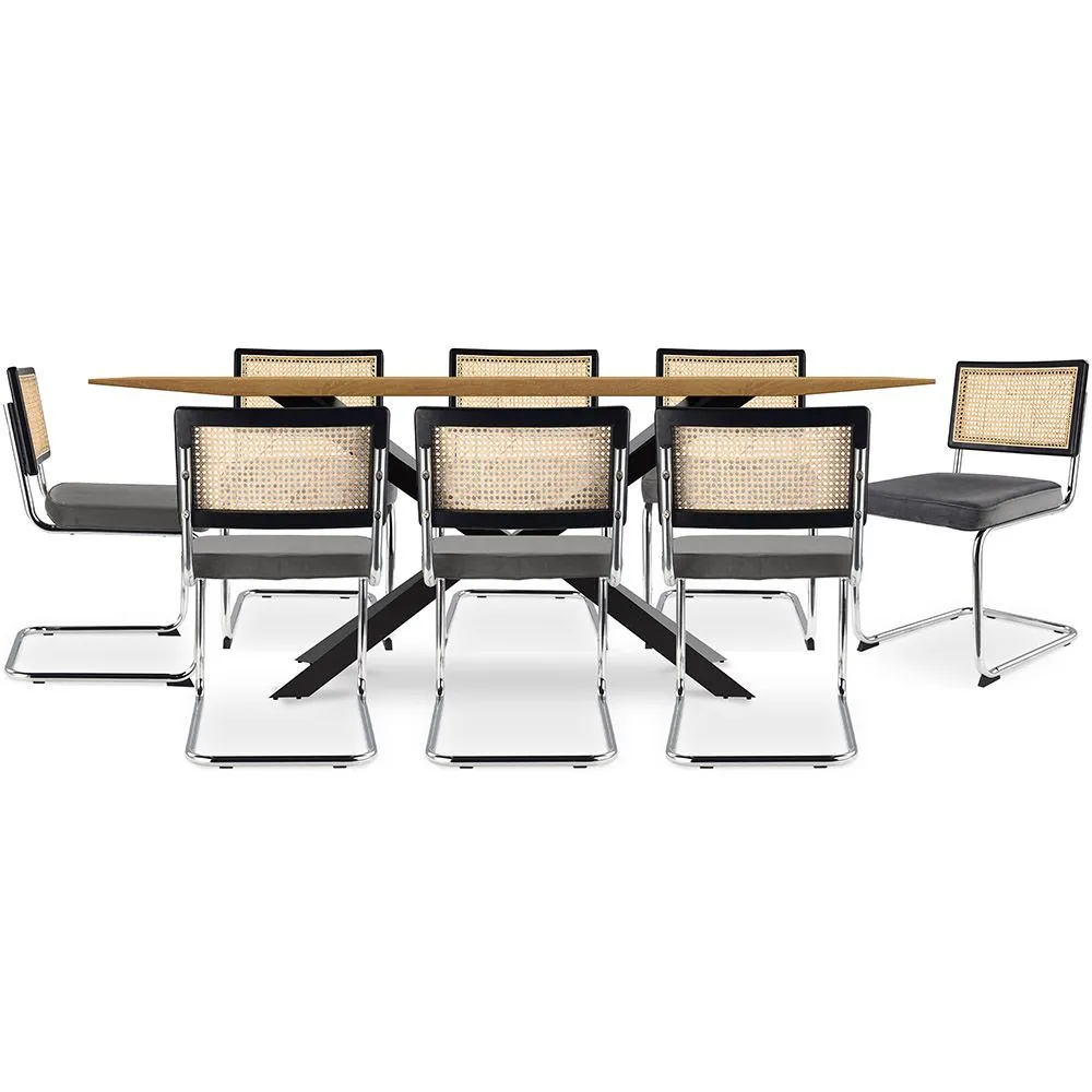 Pack Tavolo da pranzo in legno di design industriale (220 cm) e 8 sedie da pranzo in rattan - Rivestimento in velluto - Hyre image 8