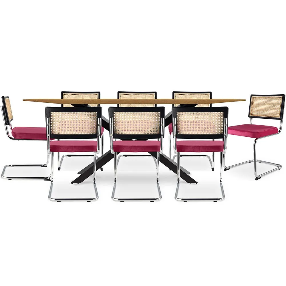 Pack Tavolo da pranzo in legno di design industriale (220 cm) e 8 sedie da pranzo in rattan - Rivestimento in velluto - Hyre image 8
