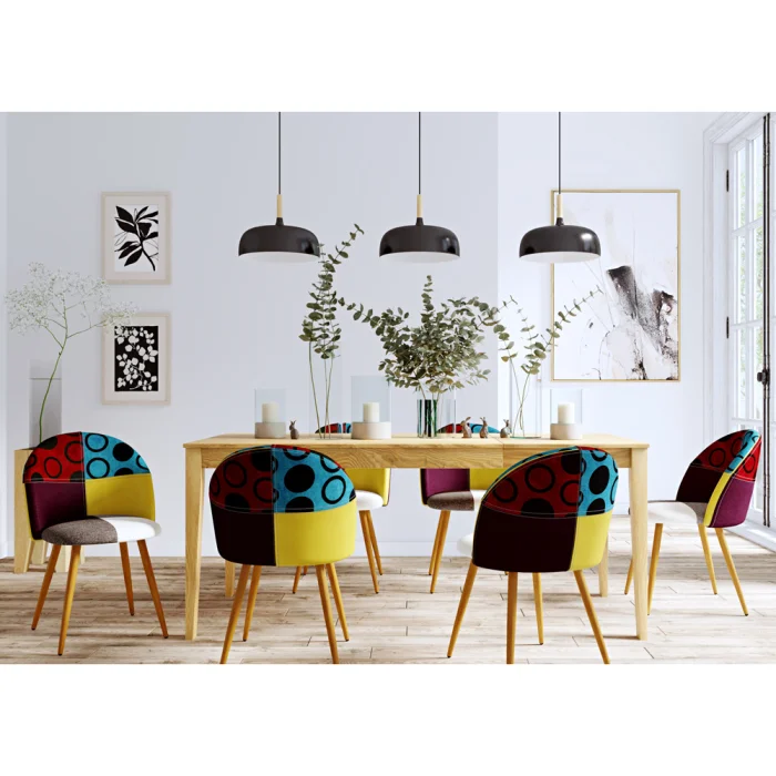 Set 2 Sedie Da Pranzo Patchwork Scandinave - Poltrone Design In Lino E Legno Di Faggio, Colore Blu, 120 Kg Portata - 3