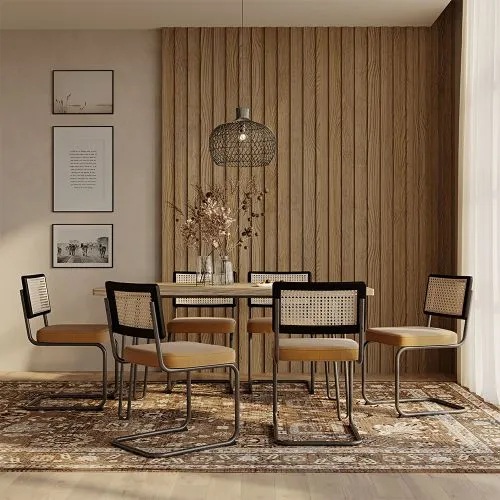 Confezione Tavolo da pranzo di design industriale 150cm e sedie da pranzo  in rattan rivestimento in velluto Puila